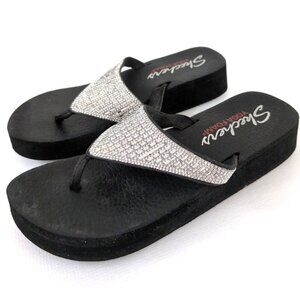 Skechers Yoga Foam Sandal Women 9 Silver Rhinestone Wedge Thong Comfort Vacation